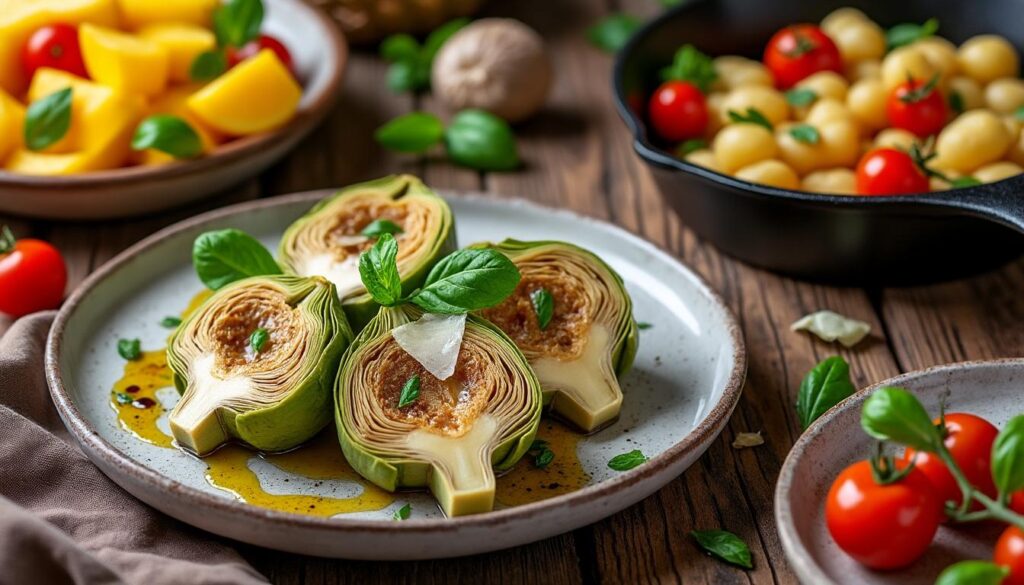 savourez un menu estival avec des artichauts poivrade aux copeaux de parmesan, une poêlée de gnocchis aux tomates cerises et une salade de fruits jaunes fraîche et gourmande. idéal pour un repas léger et raffiné.