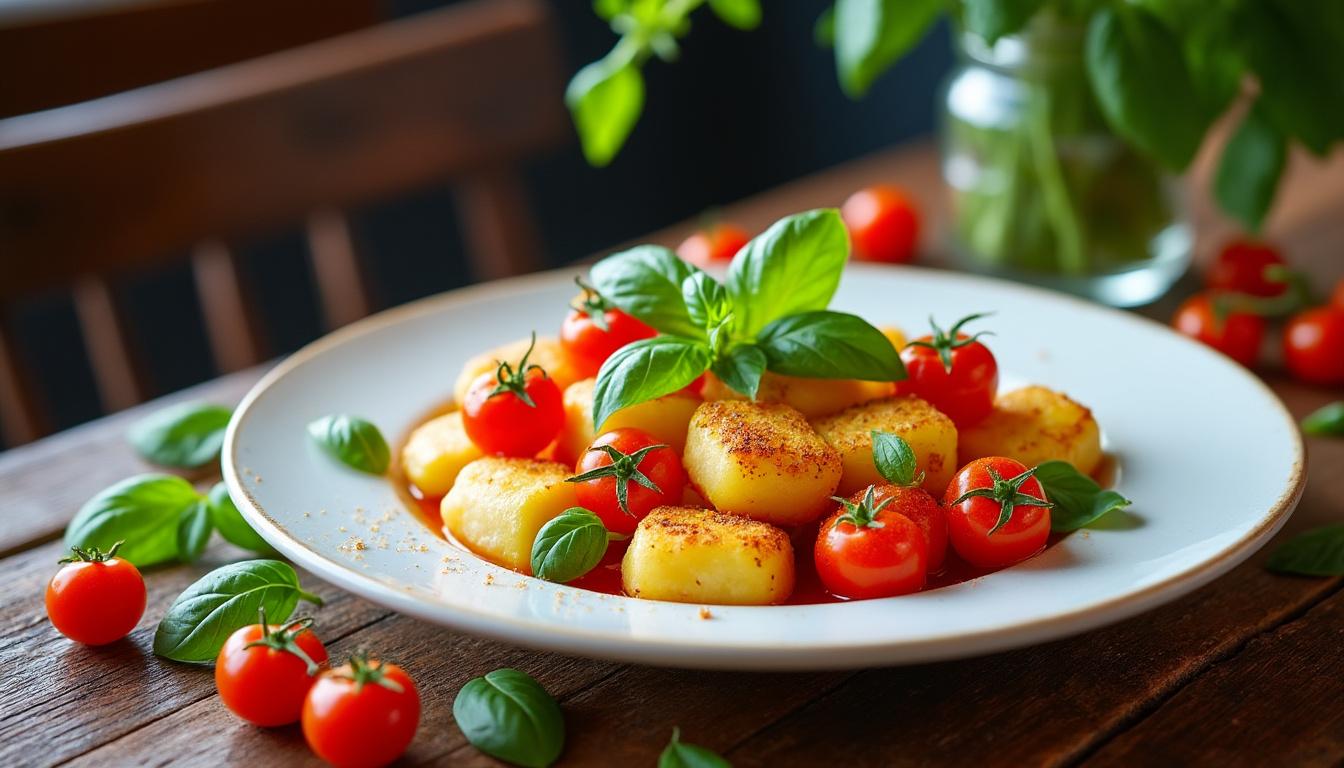savourez un menu frais et gourmand avec des artichauts poivrade au parmesan, une poêlée de gnocchis aux tomates cerises, et une salade rafraîchissante de fruits jaunes. idéal pour un repas estival et équilibré.