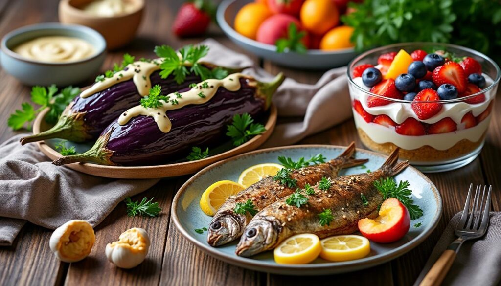 découvrez un menu estival gourmand : aubergines rôties au tahini, sardines au four subtilement parfumées au citron et à l’ail, et un délicieux trifle aux fruits d’été pour finir sur une note sucrée !