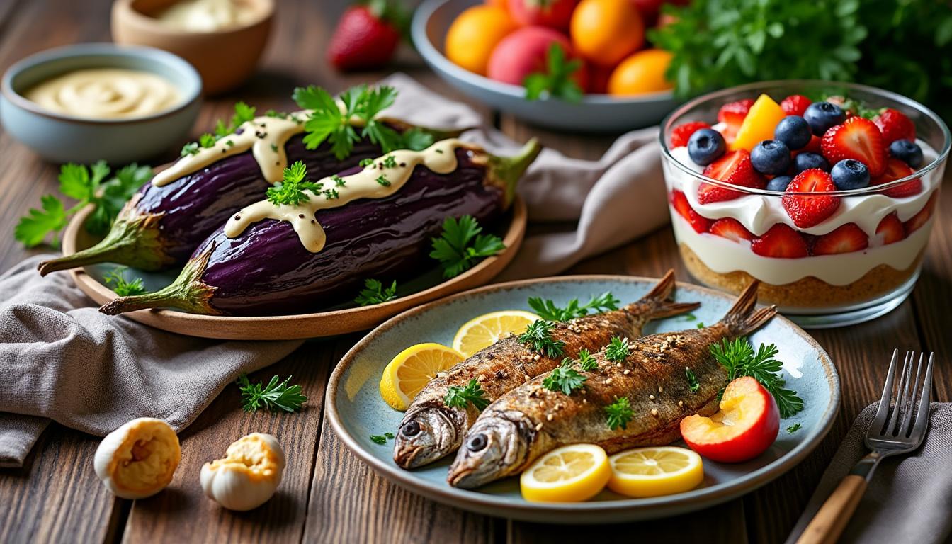 découvrez un menu estival gourmand : aubergines rôties au tahini, sardines au four subtilement parfumées au citron et à l’ail, et un délicieux trifle aux fruits d’été pour finir sur une note sucrée !