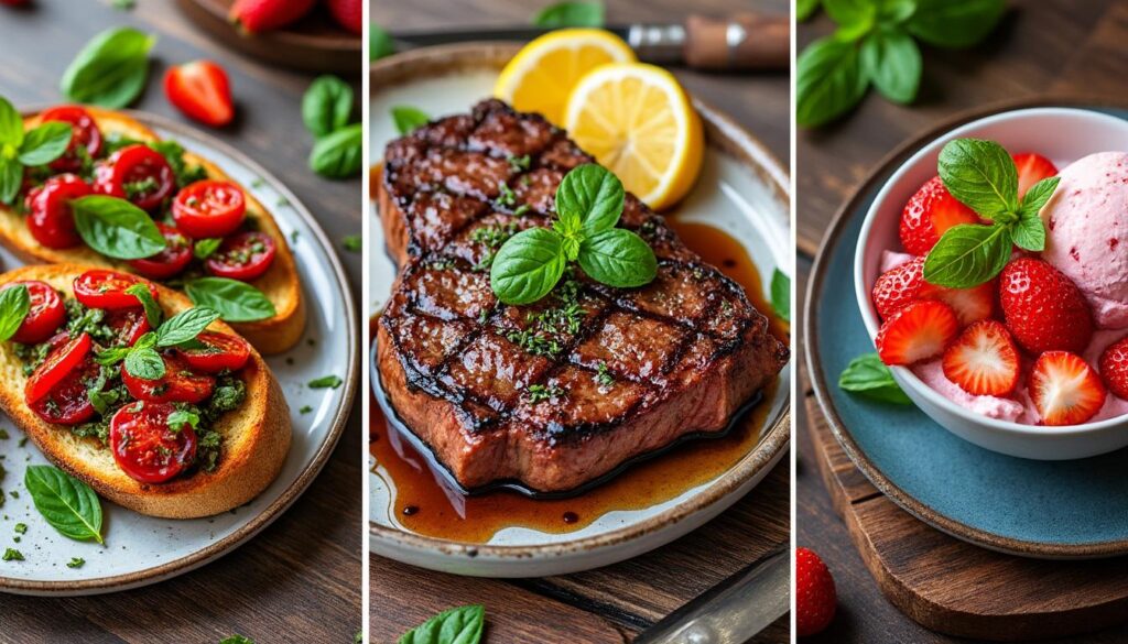découvrez un menu savoureux : bruschetta à la tomate confite, filet mignon délicatement parfumé au citron et au thym, et glace à la fraise maison. un trio de recettes gourmandes pour un repas complet plein de fraîcheur et de saveurs.