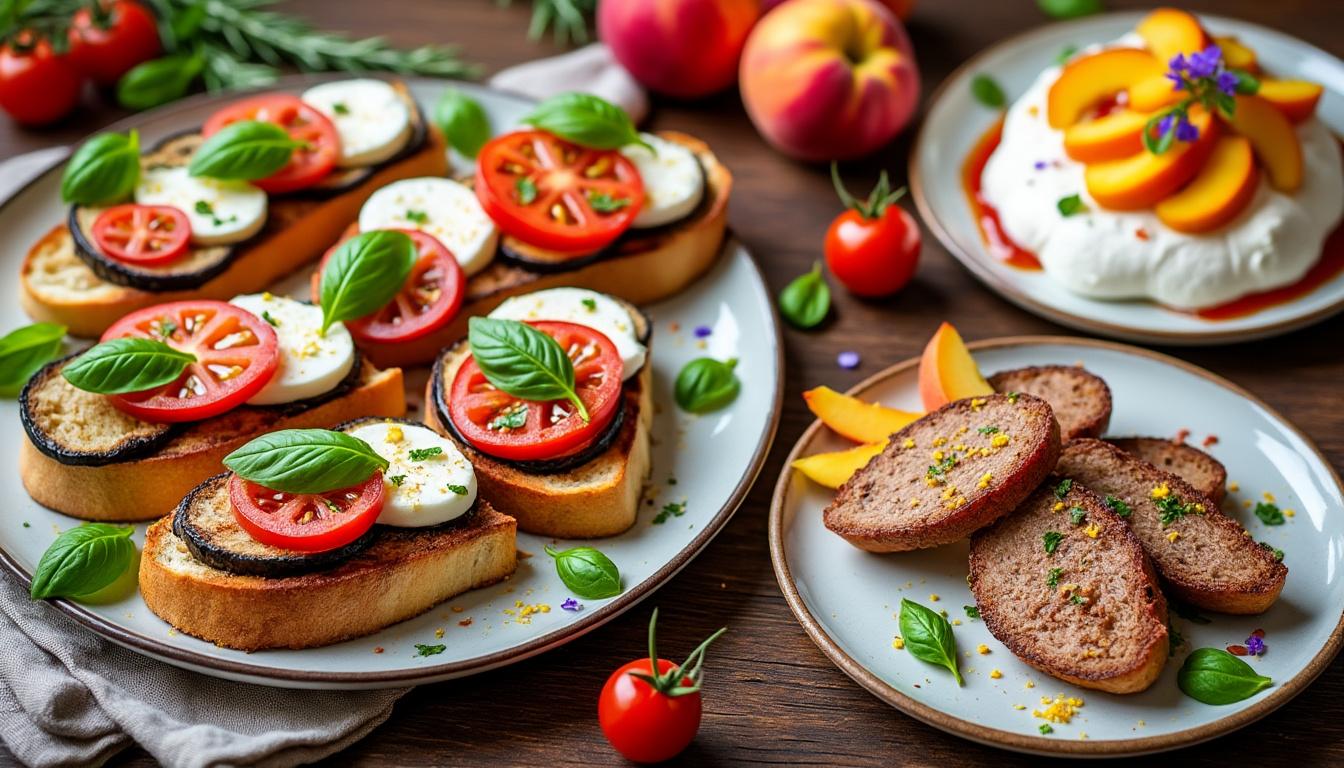 Bruschetta d’aubergine et mozzarella / Sauté de veau au citron et romarin / Pavlova aux pêches découvrez un menu savoureux composé de bruschetta d’aubergine et mozzarella, suivie d’un sauté de veau au citron et romarin, et terminez en douceur avec une pavlova gourmande aux pêches.