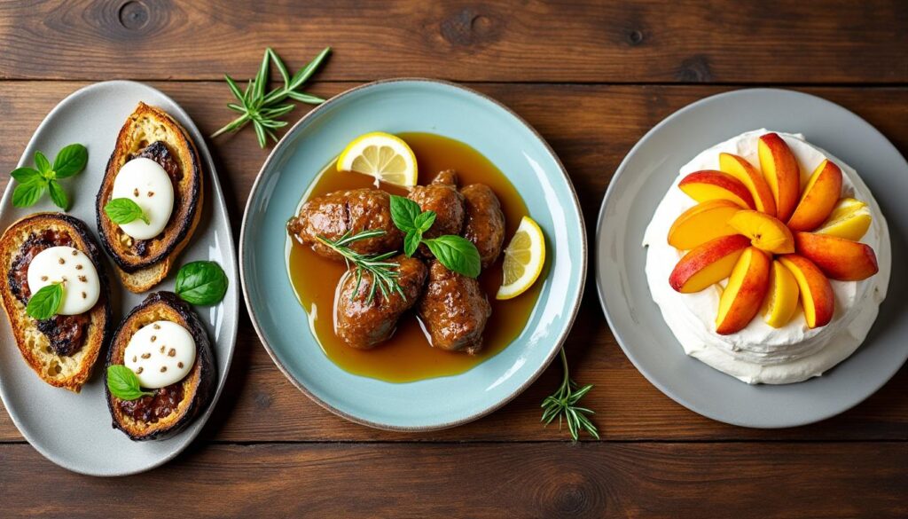 découvrez un menu estival gourmand : bruschetta d’aubergine et mozzarella en entrée, sauté de veau au citron et romarin en plat, et pavlova aux pêches en dessert. un trio de recettes fraîches, savoureuses et faciles à réaliser pour régaler vos convives !