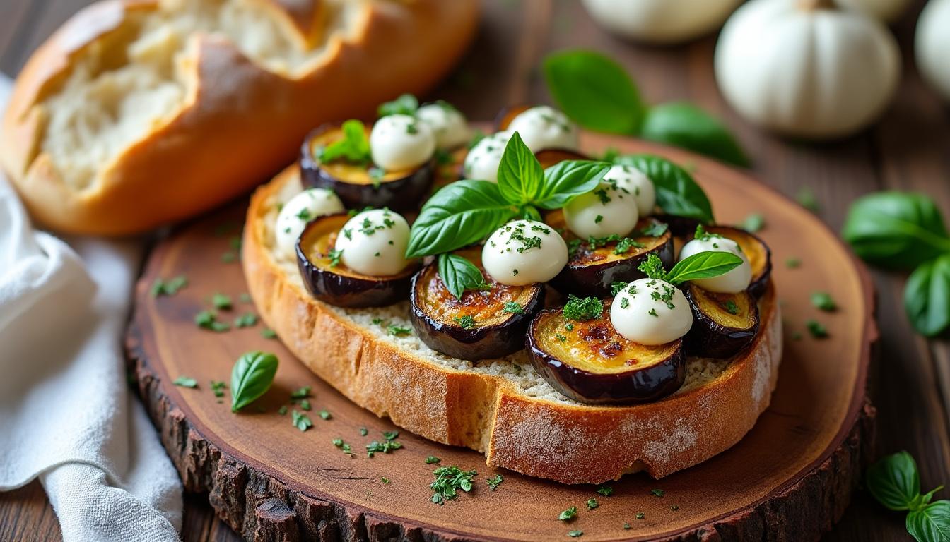 Bruschetta d’aubergine et mozzarella / Sauté de veau au citron et romarin / Pavlova aux pêches découvrez un menu raffiné avec une bruschetta d’aubergine et mozzarella fondante, suivie d’un sauté de veau parfumé au citron et romarin, puis terminez sur une note sucrée avec une pavlova légère aux pêches.