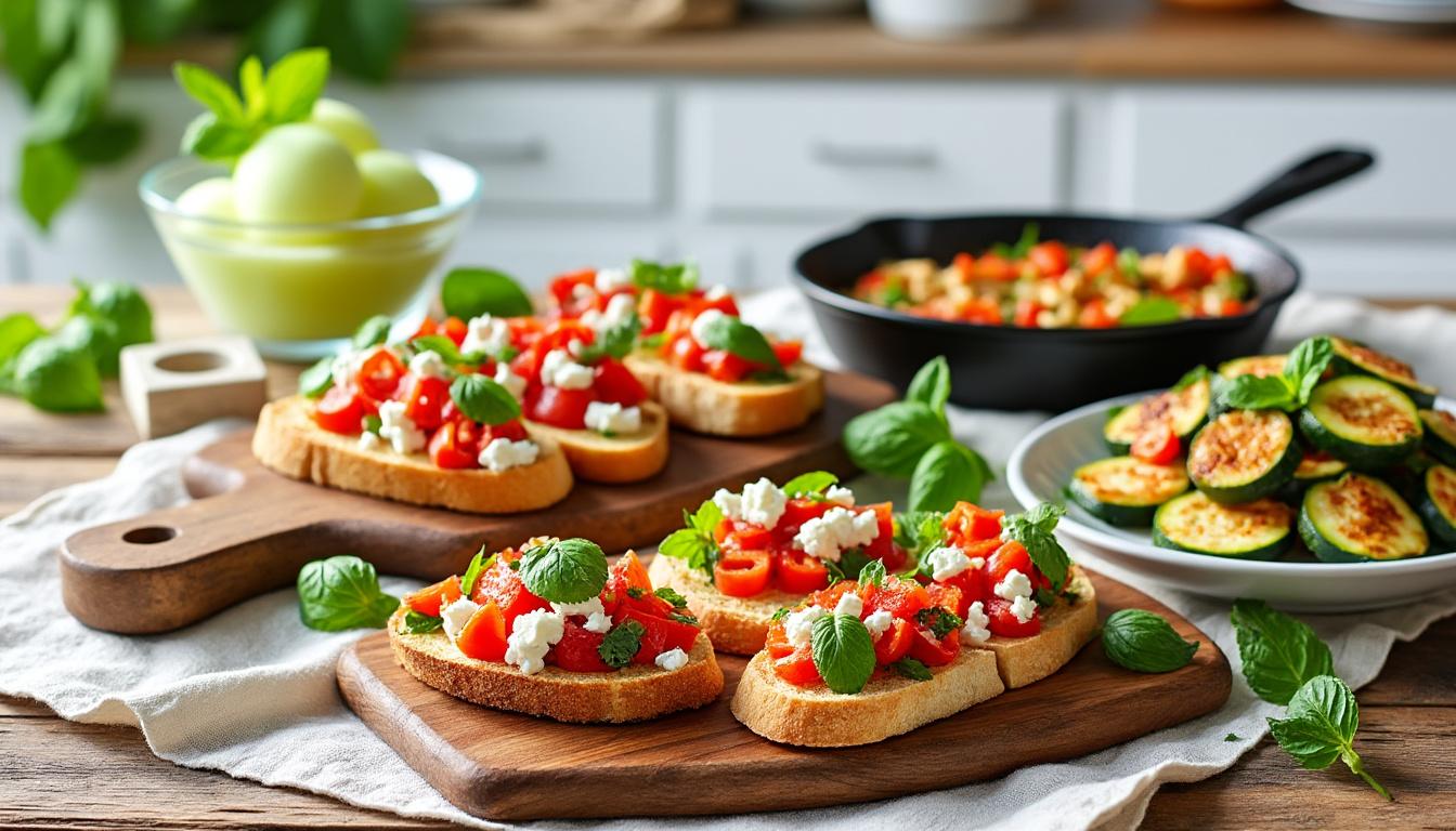 Bruschetta poivron-feta / Poêlée de courgettes et poulet au citron / Sorbet melon-menthe découvrez un menu estival savoureux : bruschetta au poivron et feta en entrée, poêlée de courgettes et poulet au citron en plat, puis sorbet melon-menthe en dessert. fraîcheur et gourmandise garanties !
