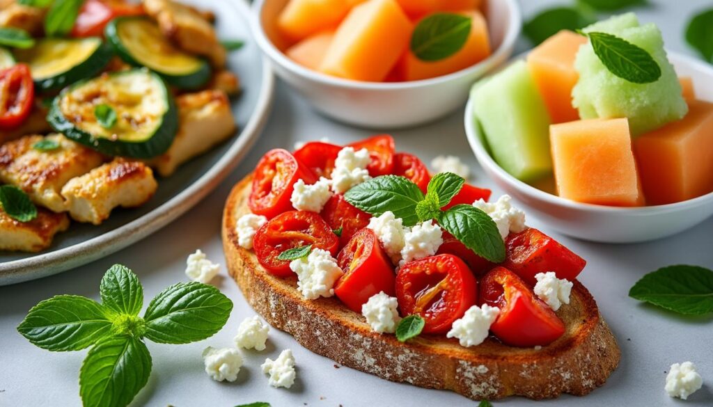 découvrez un menu estival savoureux : bruschetta poivron-feta en entrée, poêlée de courgettes et poulet au citron en plat, puis sorbet melon-menthe en dessert. fraîcheur et gourmandise garanties !