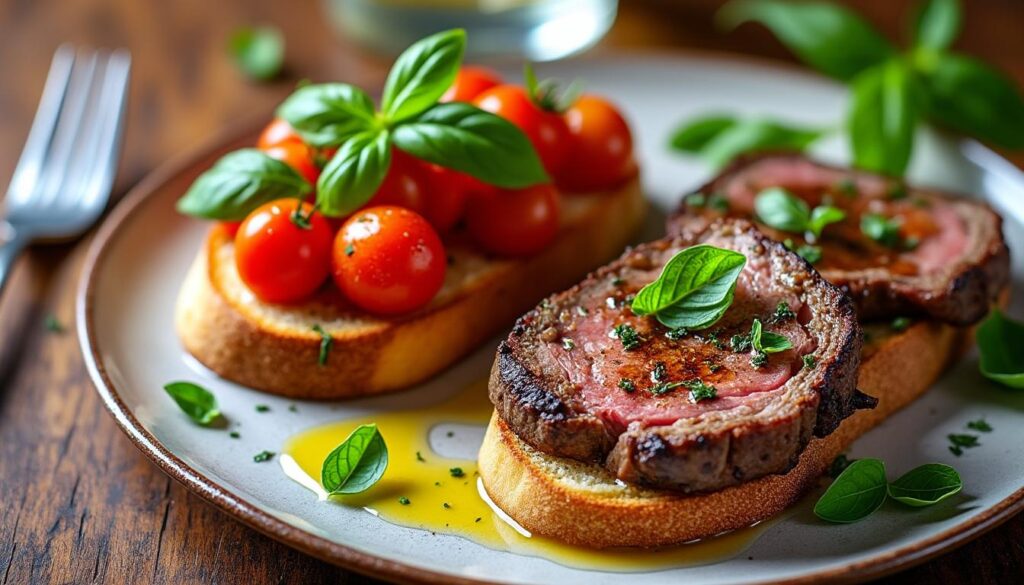 savourez un repas gourmet composé de bruschetta tomates-basilic, de côtes d’agneau grillées aux herbes et d’une crème légère citron-basilic, une harmonie raffinée de saveurs méditerranéennes.