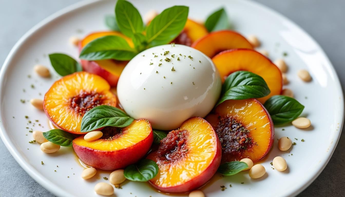 un menu estival frais et raffiné : burrata fondante aux pêches rôties et basilic, risotto crémeux aux courgettes et basilic, suivi d'une glace onctueuse au yaourt nappée de coulis de fruits rouges. idéal pour épater vos convives.