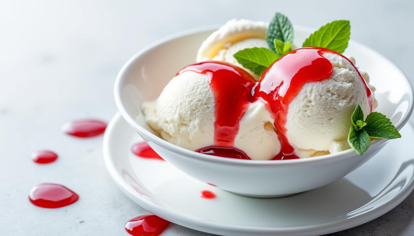 découvrez un menu estival raffiné : burrata fondante accompagnée de pêches rôties et de basilic frais, risotto crémeux à la courgette et au basilic, puis une glace au yaourt légère servie avec un coulis de fruits rouges.