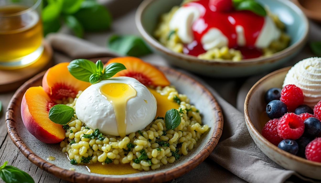 découvrez un menu estival raffiné : burrata crémeuse avec pêches rôties et basilic, risotto onctueux à la courgette et basilic, suivi d'une glace au yaourt maison accompagnée d'un coulis de fruits rouges.