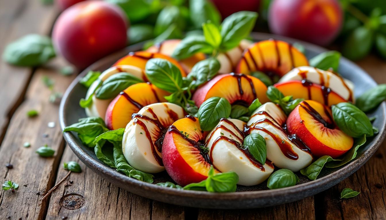 découvrez un menu estival composé d'une caprese aux nectarines fraîche et gourmande, d'aubergines farcies à la tomate et au bœuf savoureuses, puis terminez sur une note sucrée avec des pêches melba délicates et fruitées.