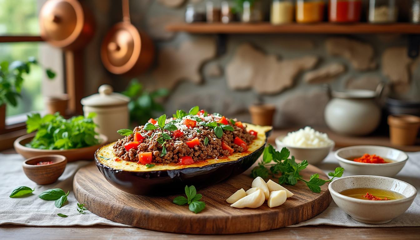savourez un menu estival aux accents méditerranéens : caprese aux nectarines pour la fraîcheur, aubergines farcies à la tomate et au bœuf pour un plat gourmand, et pêches melba en dessert fruité et raffiné.