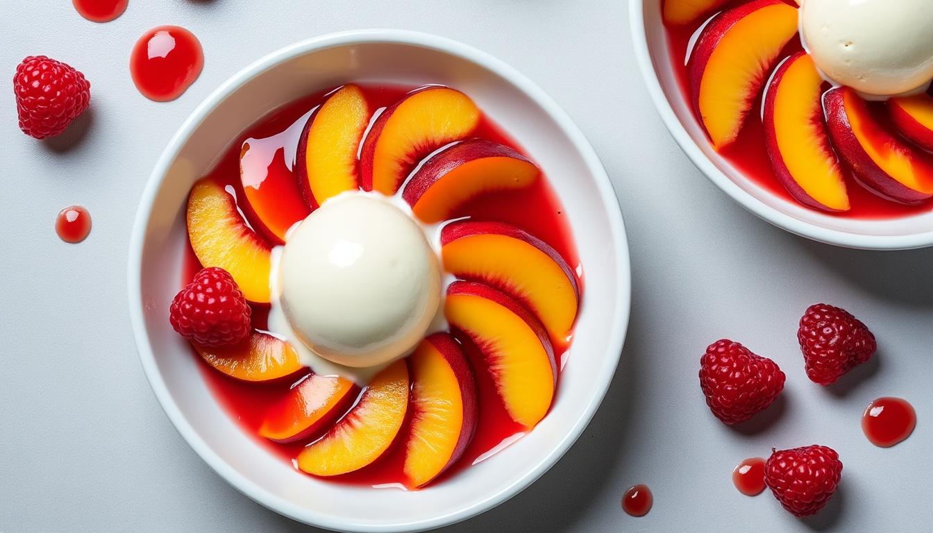 découvrez un menu d'été savoureux avec une caprese aux nectarines fraîche, des aubergines farcies à la tomate et au bœuf, et pour finir, la douceur des pêches melba.