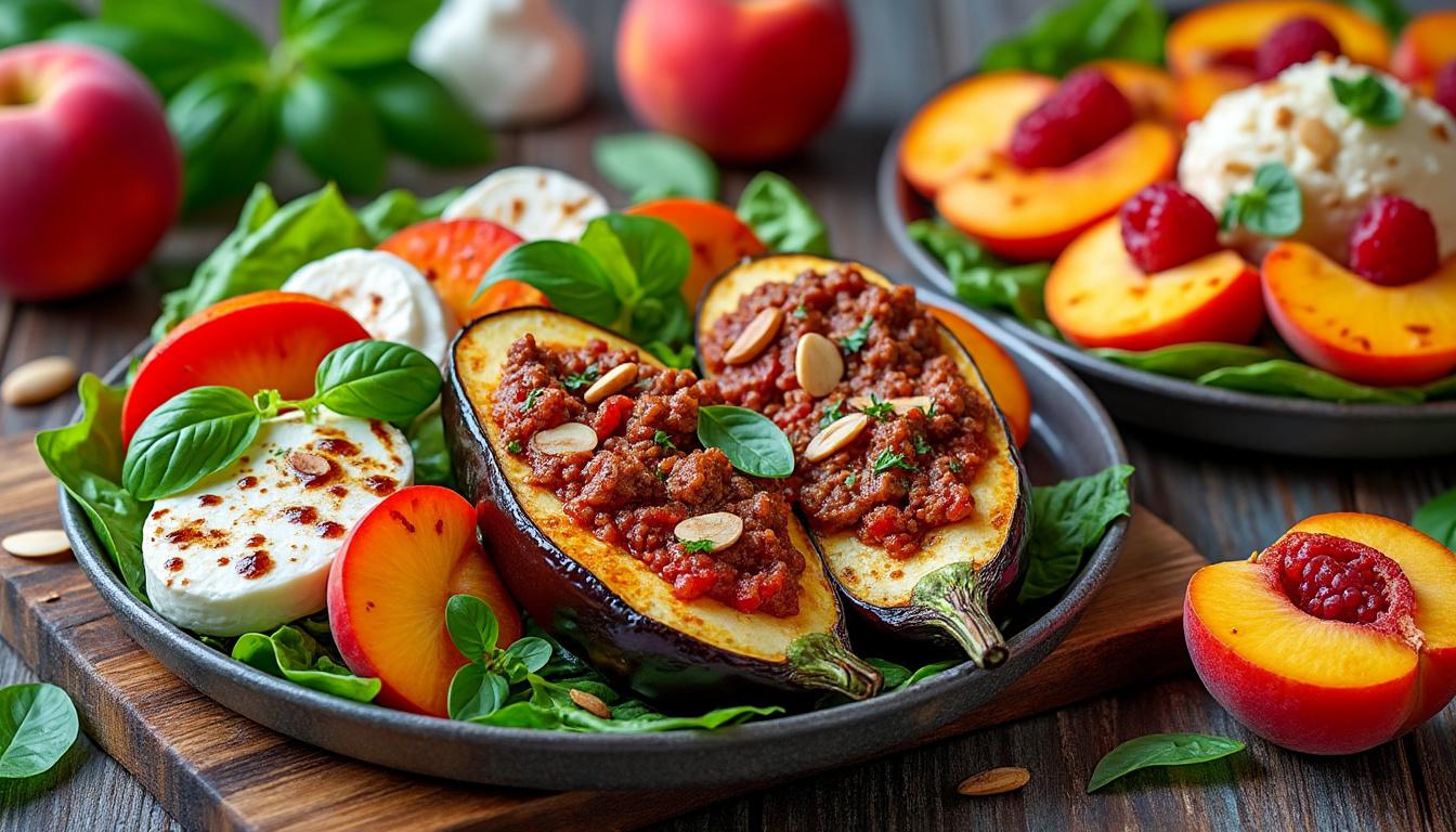 découvrez un menu estival raffiné : savourez une caprese revisitée aux nectarines, laissez-vous tenter par des aubergines farcies à la tomate et au bœuf, puis terminez en douceur avec de délicieuses pêches melba.