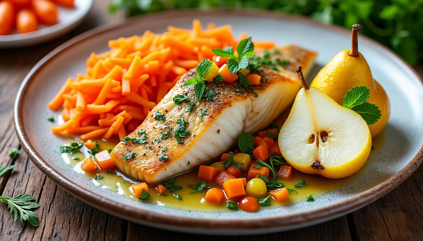 Carottes nouvelles râpées au cumin et citron / Cabillaud rôti, sauce vierge / Poires au vin blanc et vanille (servies froides) découvrez un menu raffiné et plein de fraîcheur : carottes nouvelles râpées au cumin et citron, cabillaud rôti accompagné d'une sauce vierge, et poires fondantes au vin blanc et à la vanille, servies froides. idéal pour un repas printanier et gourmand.