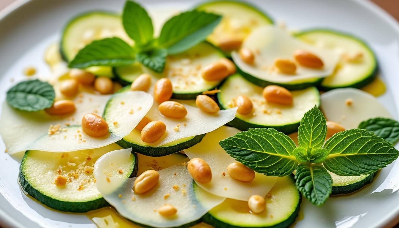 Carpaccio de courgette jaune au parmesan / Épeautre aux tomates rôties et olives / Crumble aux abricots découvrez un menu estival raffiné : carpaccio de courgette jaune au parmesan, épeautre aux tomates rôties et olives, et crumble aux abricots pour une touche sucrée. fraîcheur, saveurs et gourmandise au rendez-vous !