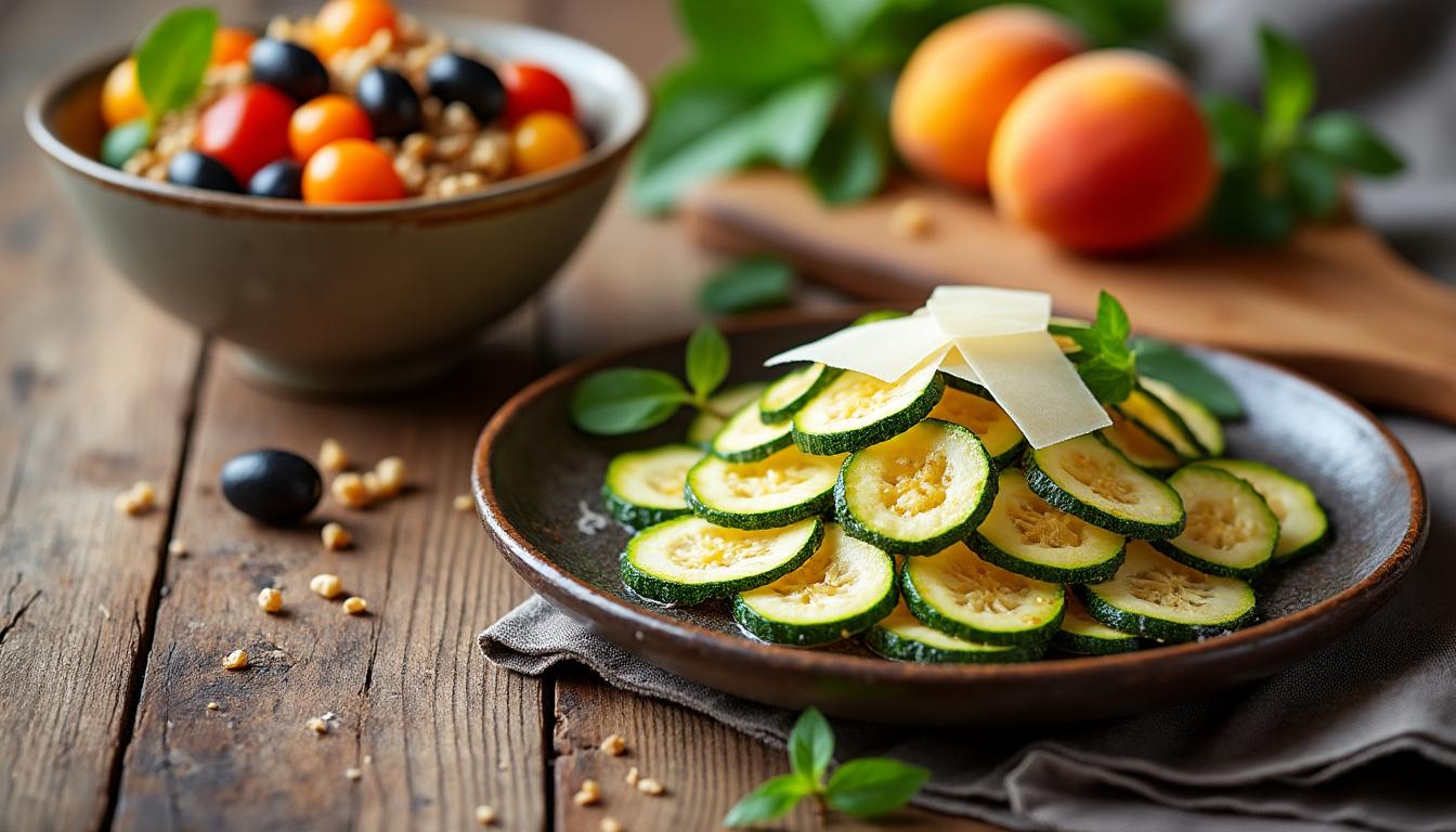 Carpaccio de courgette jaune au parmesan / Épeautre aux tomates rôties et olives / Crumble aux abricots savourez un menu estival et raffiné : carpaccio de courgette jaune au parmesan, épeautre aux tomates rôties et olives, suivi d’un crumble gourmand aux abricots. fraîcheur, saveur et équilibre au rendez-vous !