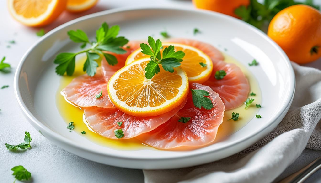 découvrez un menu raffiné : carpaccio de dorade à l’orange frais et acidulé, patates douces rôties accompagnées de yaourt aux herbes et, pour finir, une verrine gourmande aux nectarines, yaourt et granola. idéal pour un repas léger et savoureux !