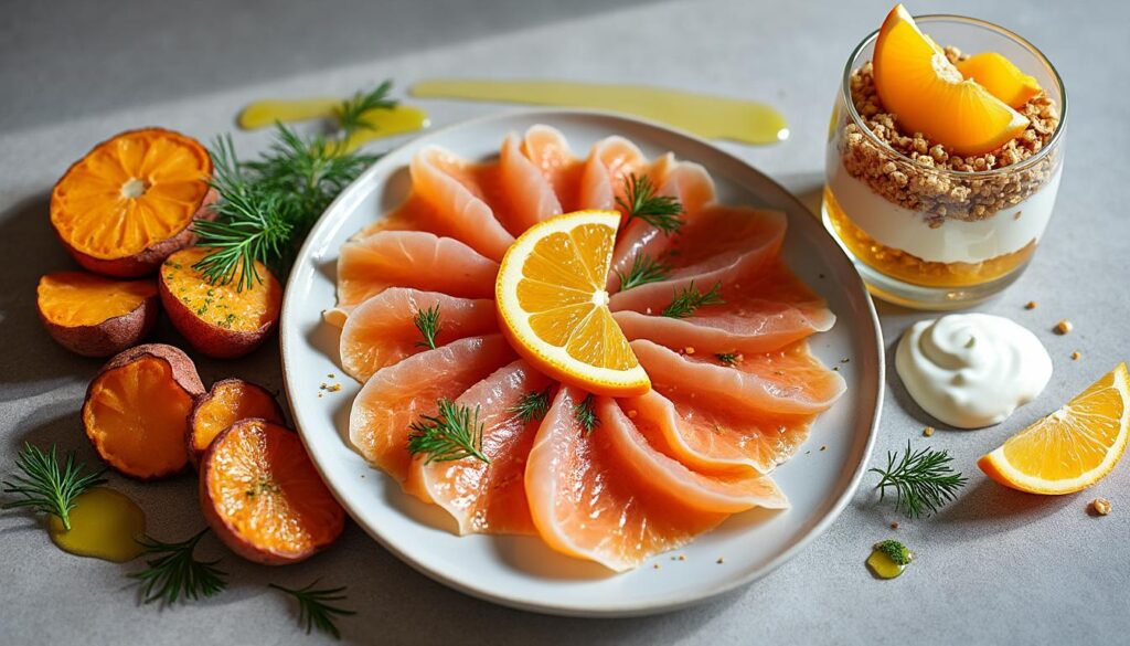 découvrez un menu gourmet avec un carpaccio de dorade à l’orange rafraîchissant, accompagné de patates douces rôties au yaourt et herbes, puis d’une verrine de nectarines, yaourt et granola pour une touche sucrée.