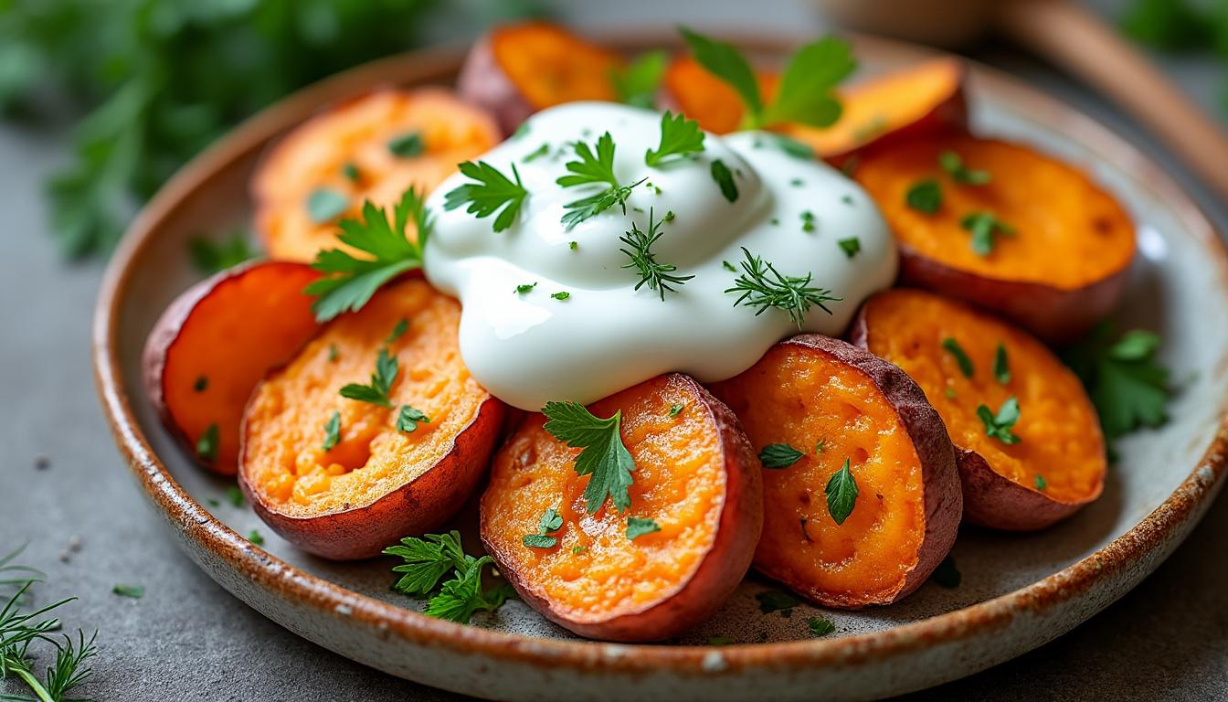 découvrez un menu frais et gourmand : carpaccio de dorade à l’orange, patates douces rôties au yaourt et herbes, et en dessert une verrine de nectarines avec yaourt et granola. parfait pour un repas équilibré et savoureux !