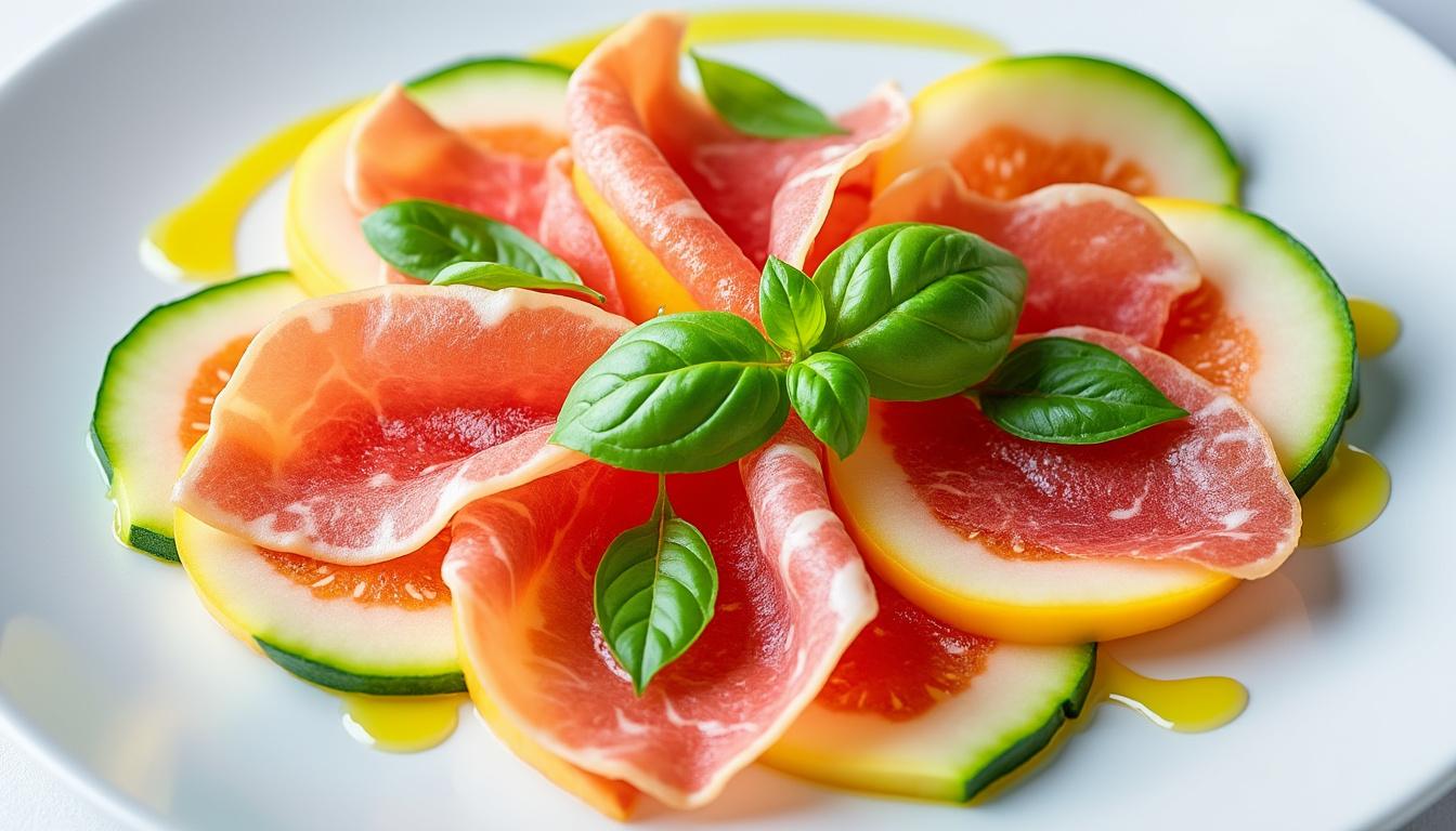 Carpaccio de melon au jambon cru / Pâtes au pistou et pignons / Tartelettes aux mûres découvrez un menu estival raffiné : carpaccio de melon au jambon cru en entrée, pâtes fraîches nappées de pistou et pignons en plat, puis de délicieuses tartelettes aux mûres en dessert. une harmonie gourmande pour épater vos convives !
