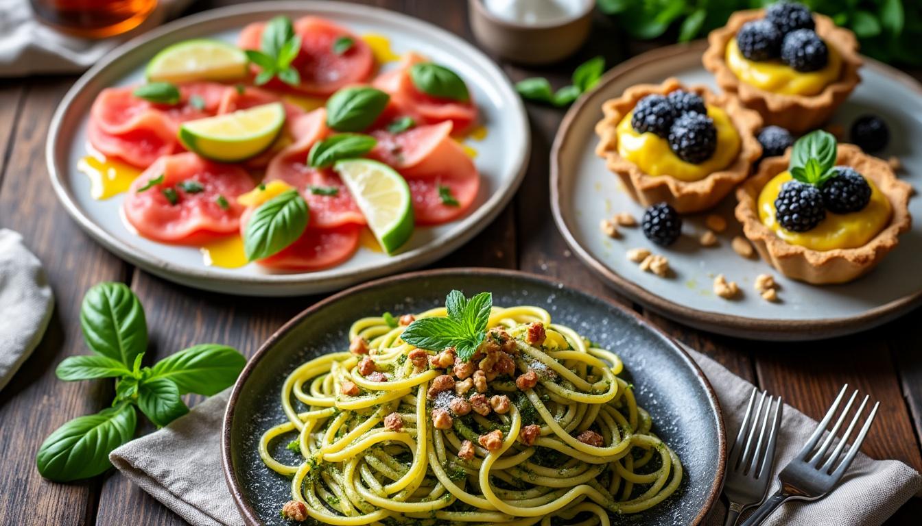 Carpaccio de melon au jambon cru / Pâtes au pistou et pignons / Tartelettes aux mûres découvrez un menu estival gourmand : carpaccio de melon au jambon cru, pâtes au pistou et pignons, et délicieuses tartelettes aux mûres. idéal pour un repas frais et savoureux !
