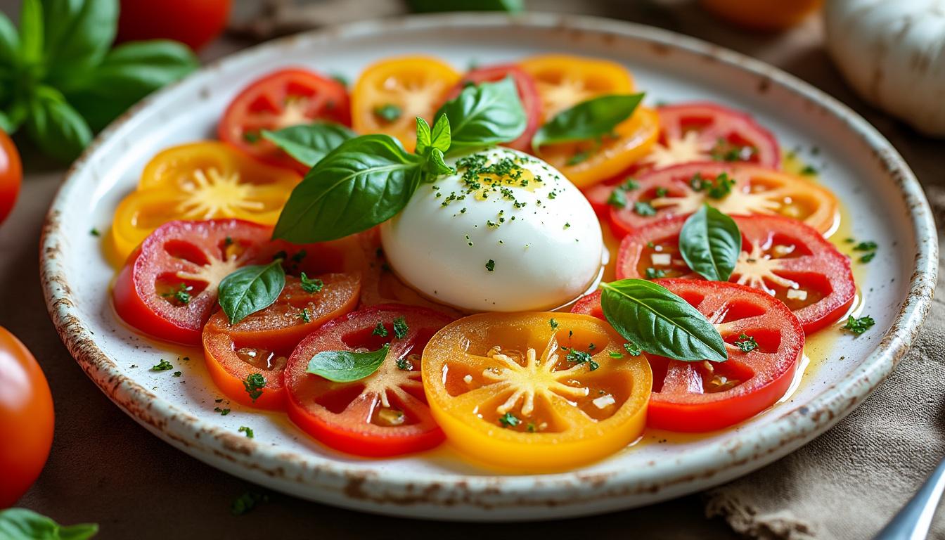 Carpaccio de tomates anciennes à la burrata / Saumon grillé, salsa de tomates et basilic / Pêches rôties au miel et romarin savourez un menu estival raffiné : carpaccio de tomates anciennes à la burrata, saumon grillé accompagné d’une salsa de tomates et basilic, puis pêches rôties au miel et romarin. fraîcheur et gourmandise garanties !
