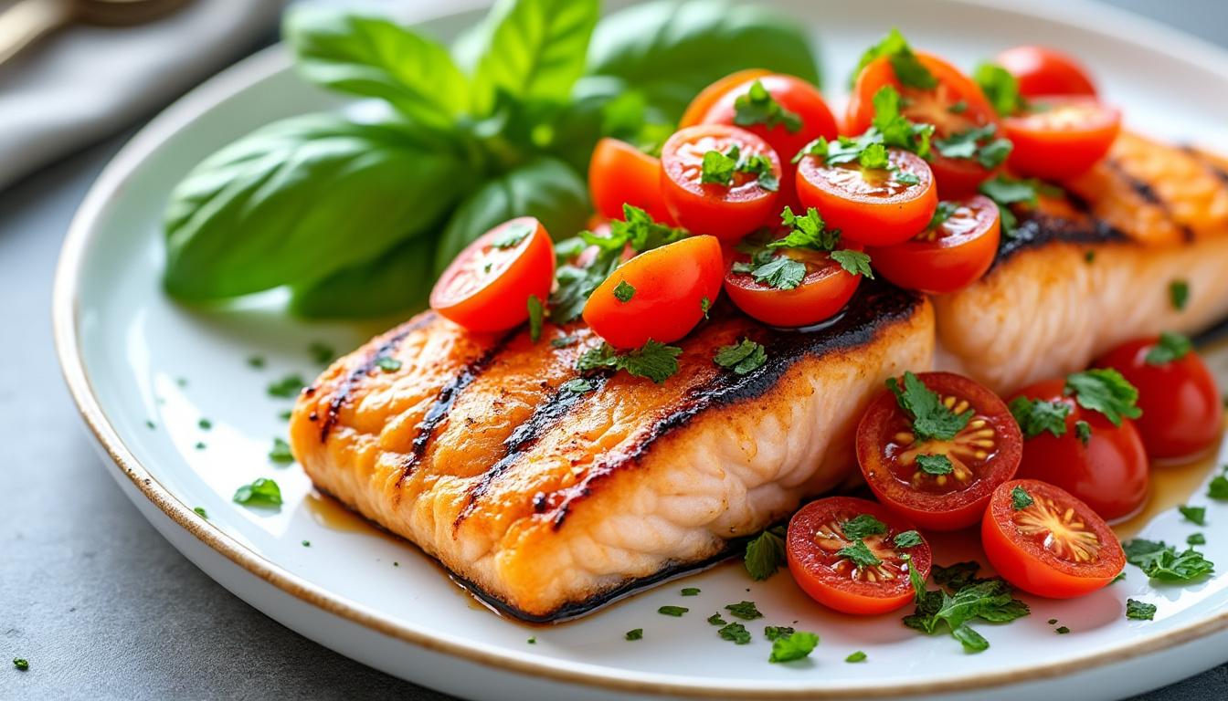 Carpaccio de tomates anciennes à la burrata / Saumon grillé, salsa de tomates et basilic / Pêches rôties au miel et romarin découvrez un menu estival raffiné : carpaccio de tomates anciennes à la burrata, saumon grillé accompagné d'une salsa de tomates au basilic, et pêches rôties au miel et romarin. fraîcheur et saveurs garanties pour un repas gourmand et léger.