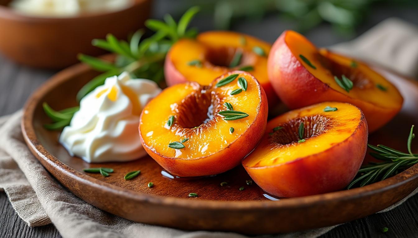 Carpaccio de tomates anciennes à la burrata / Saumon grillé, salsa de tomates et basilic / Pêches rôties au miel et romarin découvrez un menu estival raffiné : carpaccio de tomates anciennes accompagné de burrata crémeuse, saumon grillé servi avec une salsa de tomates et basilic, et pêches rôties au miel et romarin pour terminer sur une note sucrée.
