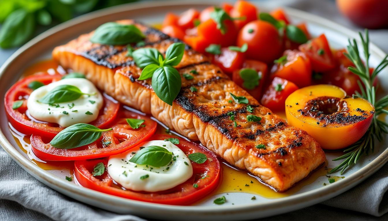 savourez un menu estival raffiné : carpaccio de tomates anciennes à la burrata, saumon grillé accompagné d'une salsa de tomates et basilic, puis pêches rôties au miel et romarin pour une touche sucrée et parfumée.