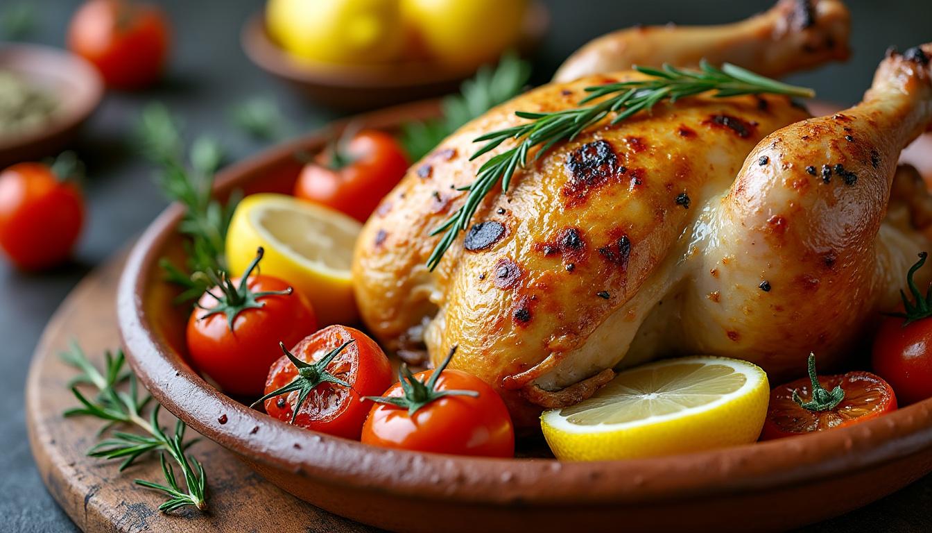 Caviar d’aubergine / Poulet rôti citron-thym et tomates rôties / Panna cotta à l’abricot découvrez un menu savoureux : caviar d’aubergine en entrée, poulet rôti au citron et thym accompagné de tomates rôties en plat, et pour finir, une panna cotta onctueuse à l’abricot. gourmandise et fraîcheur garanties !