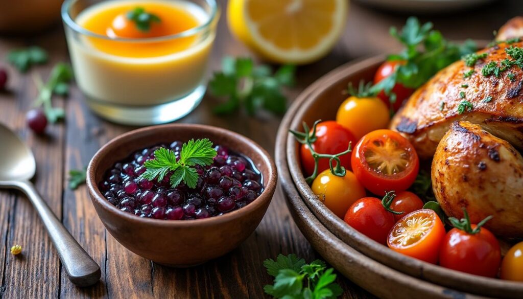 découvrez un menu raffiné composé de caviar d’aubergine en entrée, de poulet rôti au citron-thym accompagné de tomates rôties en plat principal, et d’une délicieuse panna cotta à l’abricot en dessert. un véritable voyage gourmand aux saveurs ensoleillées.