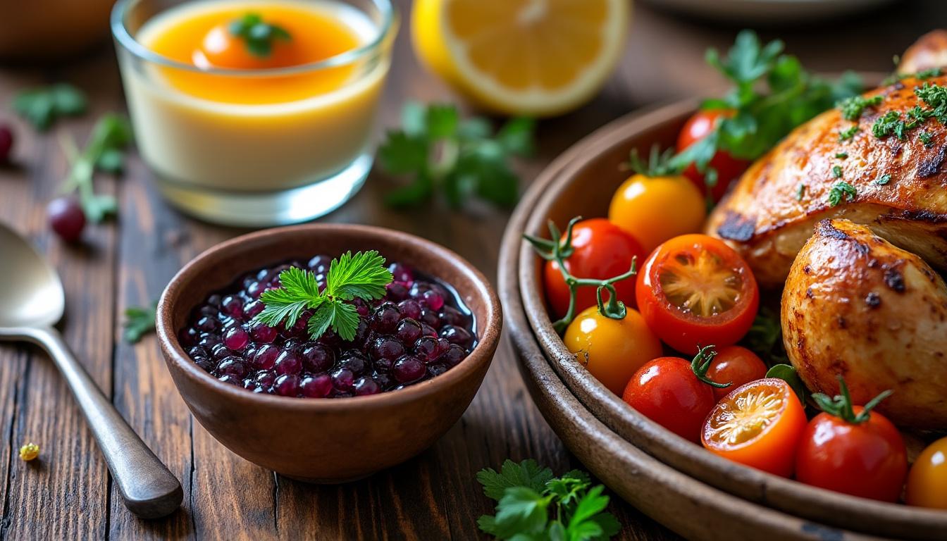 découvrez un menu raffiné composé de caviar d’aubergine en entrée, de poulet rôti au citron-thym accompagné de tomates rôties en plat principal, et d’une délicieuse panna cotta à l’abricot en dessert. un véritable voyage gourmand aux saveurs ensoleillées.