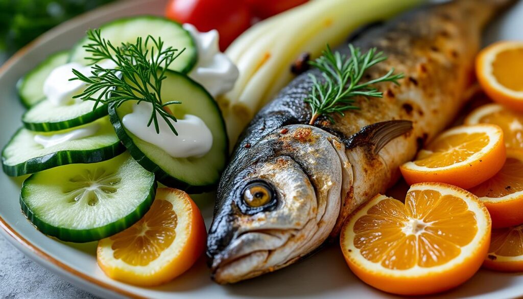 découvrez un menu estival frais et gourmand : concombre au yaourt et aneth, maquereaux grillés au fenouil et orange, puis nectarines poêlées au beurre salé pour terminer sur une note sucrée-salée savoureuse.