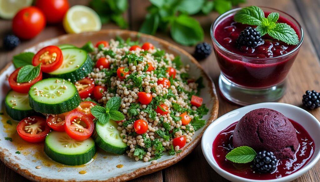 découvrez une entrée fraîche de concombres écrasés au piment doux et sésame, suivie d’un taboulé d’épeautre aux herbes parfumées, et terminez sur une note fruitée avec un sorbet cassis gourmand. une expérience culinaire saine et savoureuse !
