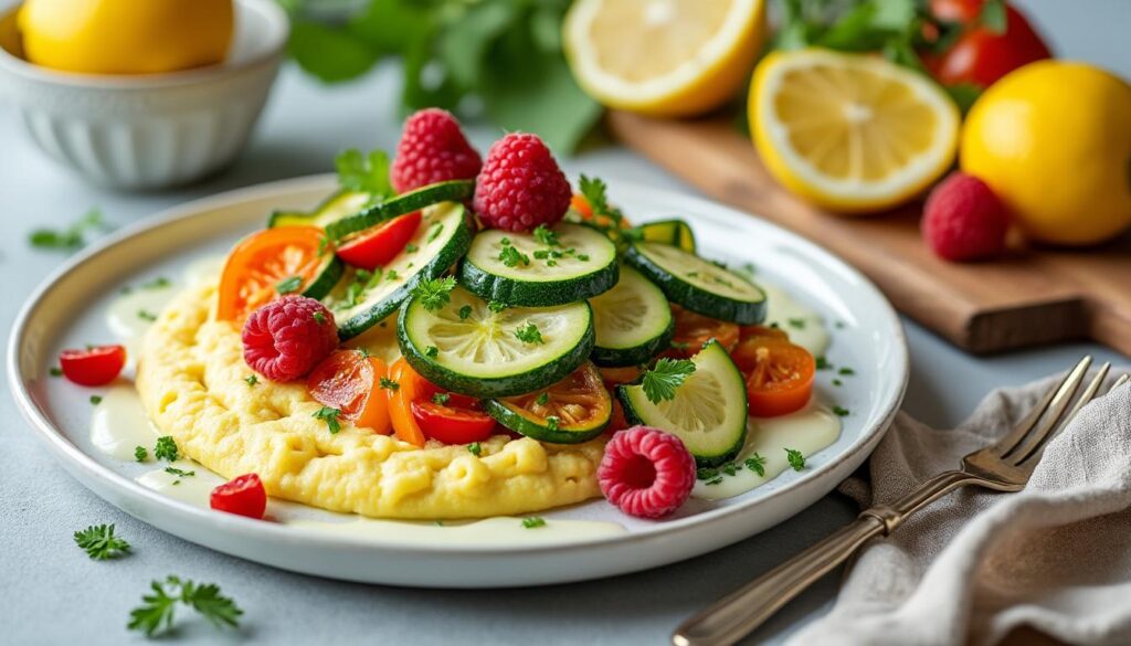savourez un menu frais et estival : courgettes crues en rémoulade citronnée, polenta crémeuse accompagnée d’une poêlée de légumes d’été, puis une délicieuse crème citron et framboises. un trio parfait pour éveiller vos papilles !