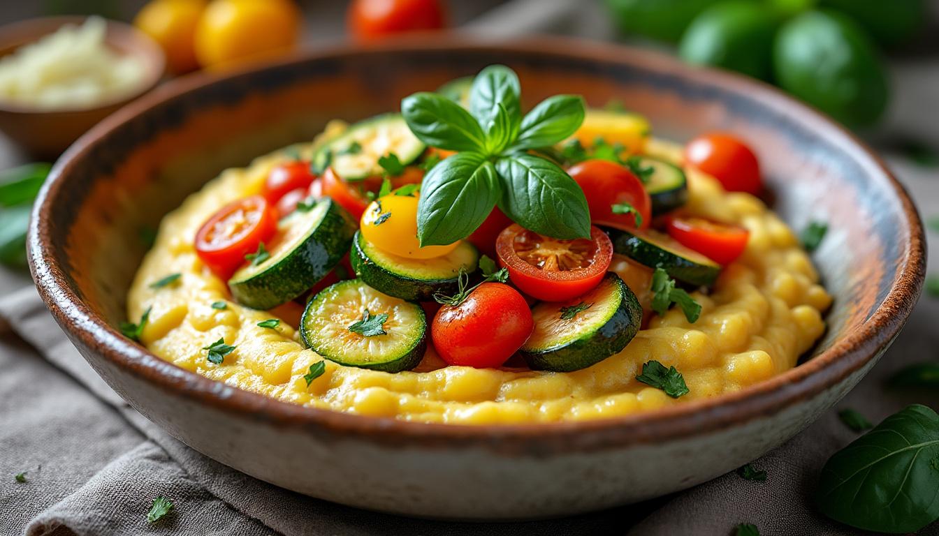 découvrez un menu frais et savoureux : courgettes crues en rémoulade citronnée, polenta crémeuse accompagnée d'une poêlée de légumes d'été, suivies d'une crème citron parfumée garnie de framboises. un repas estival, coloré et plein de gourmandise !