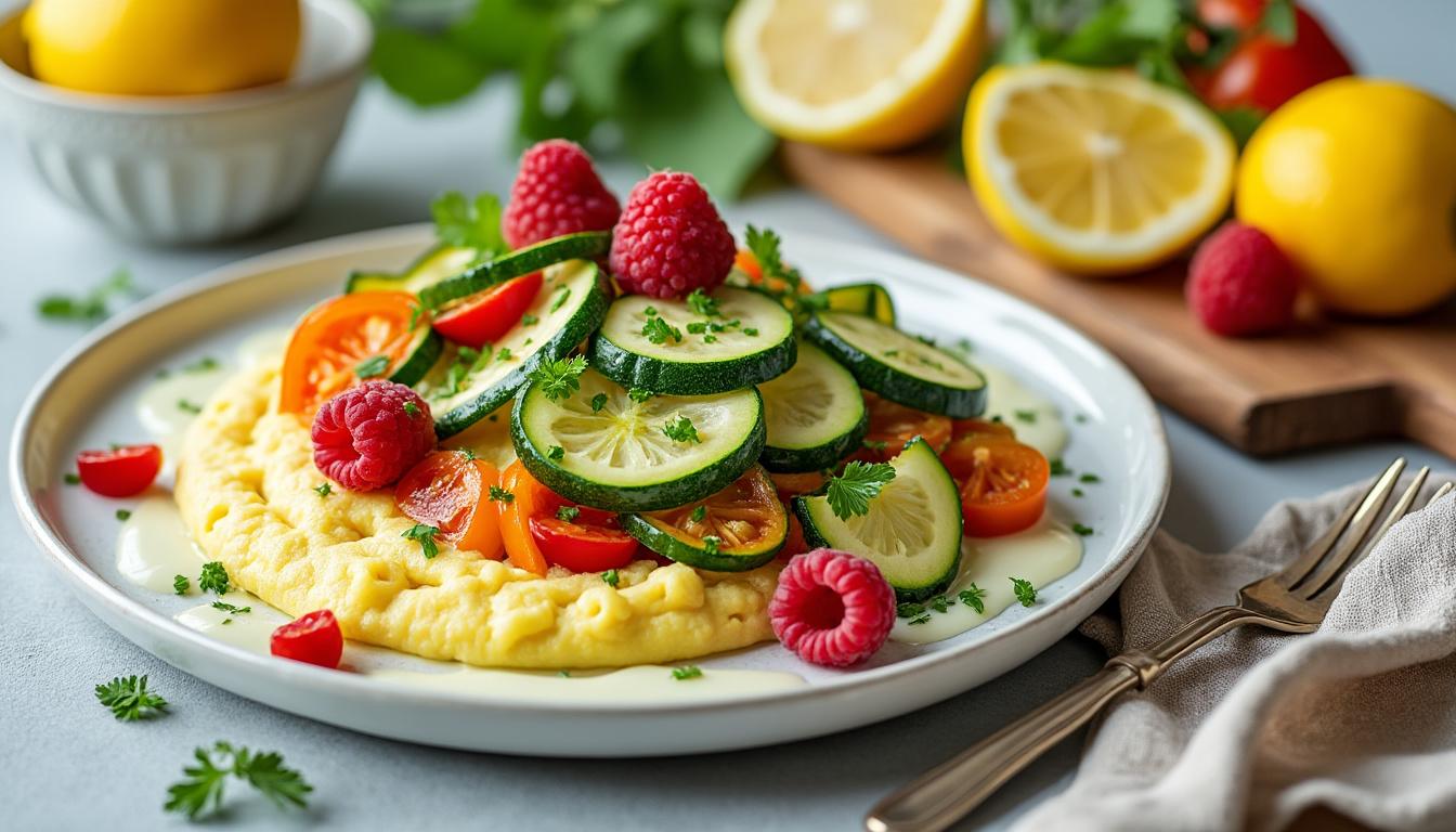savourez un menu frais et estival : courgettes crues en rémoulade citronnée, polenta crémeuse accompagnée d’une poêlée de légumes d’été, puis une délicieuse crème citron et framboises. un trio parfait pour éveiller vos papilles !