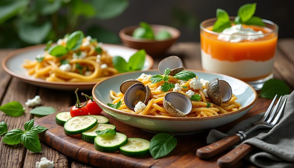 découvrez un menu estival et frais : savourez des courgettes crues à la feta et basilic, des pâtes aux palourdes et persil, puis une verrine melon-menthe pour une touche sucrée légère.