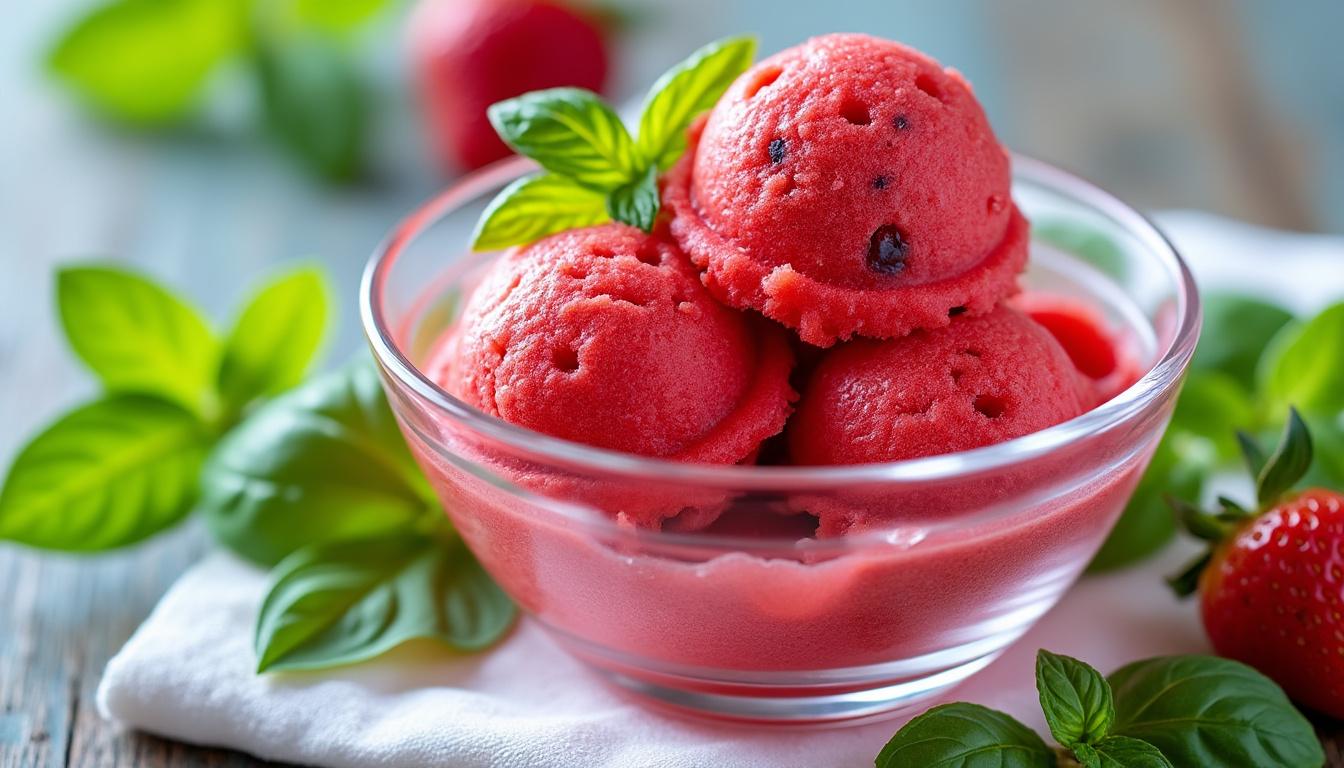 découvrez un menu estival raffiné : courgettes grillées à la ricotta fondante, bowl frais de tomate, courgette et mozzarella, puis terminez sur une note fruitée avec un sorbet fraise-basilic maison.