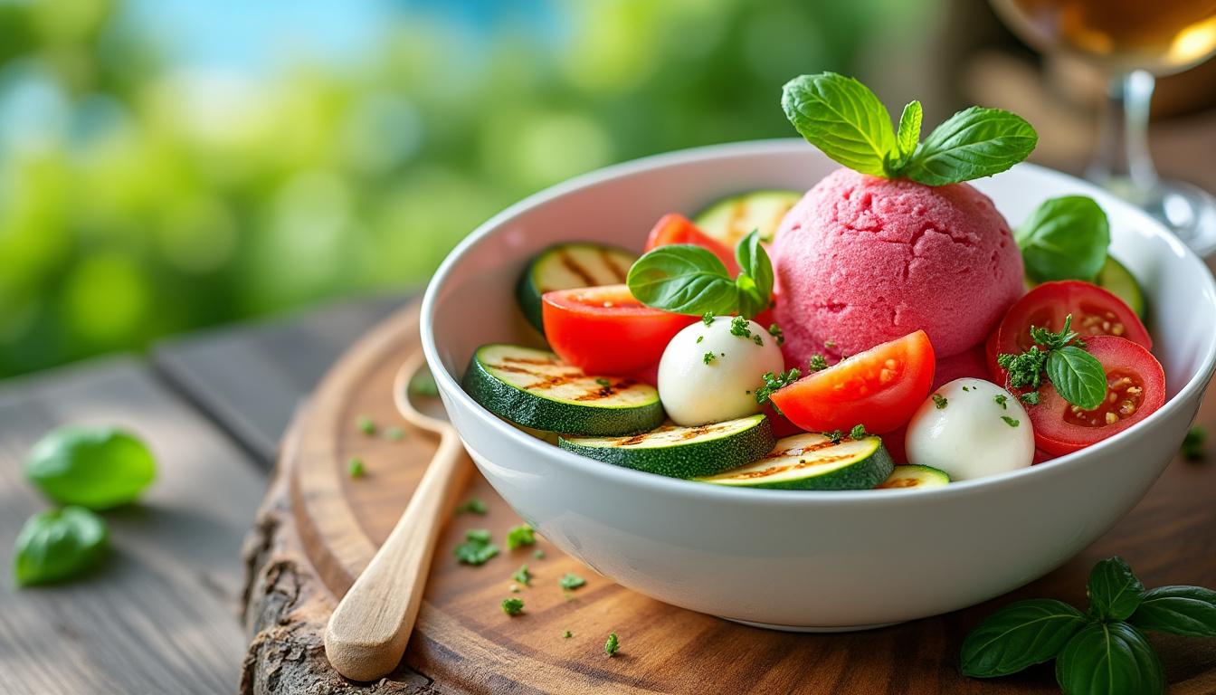 savourez un menu estival composé de courgettes grillées à la ricotta, d’un bowl frais à la tomate, courgette et mozzarella, et terminez par un sorbet fraise-basilic rafraîchissant. des recettes simples et gourmandes pour régaler vos papilles tout l’été !