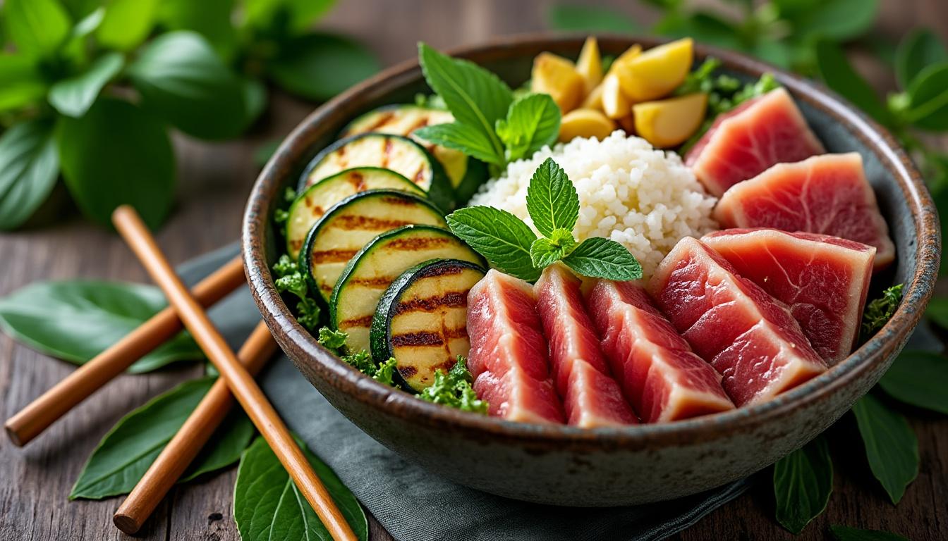 découvrez un menu frais et estival : courgettes grillées à la menthe et pignons, poke bowl au thon mariné et blanc-manger coco pour une touche sucrée exotique. des saveurs légères et gourmandes à savourer !
