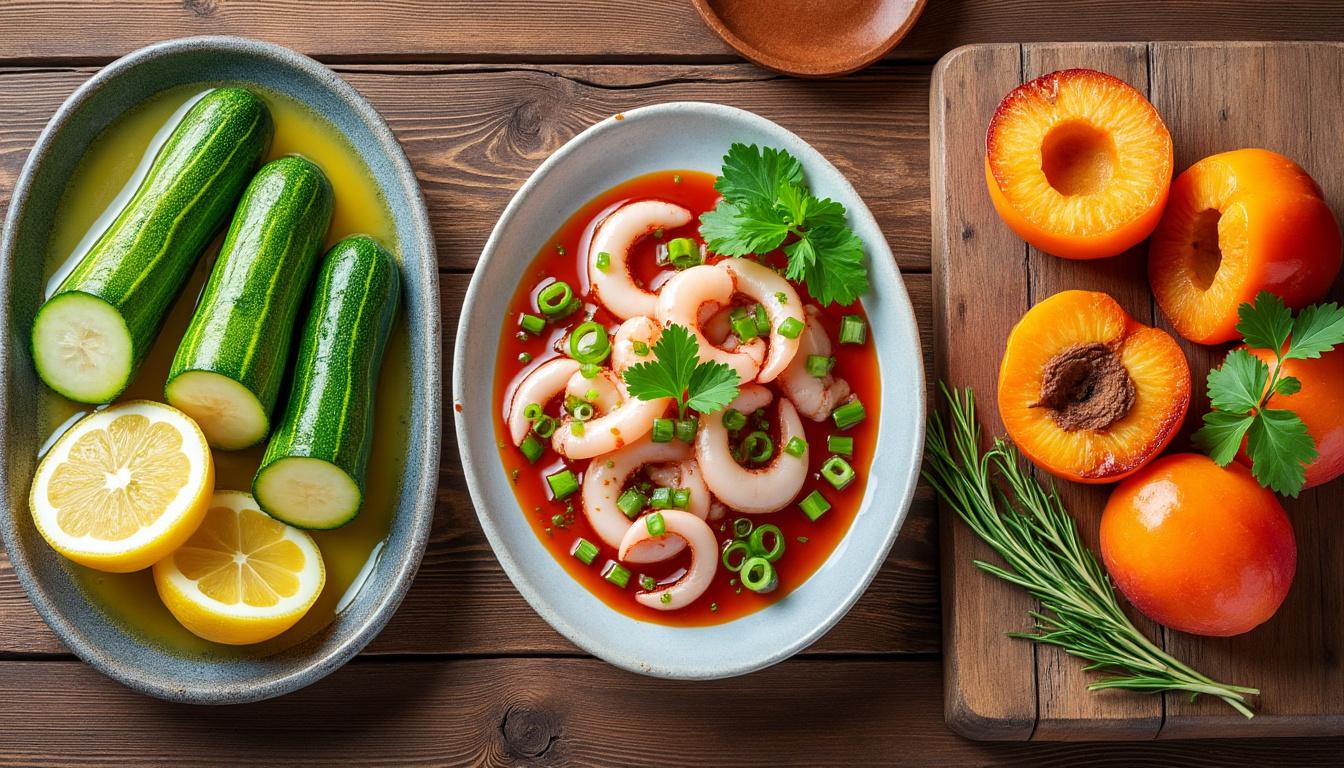 découvrez un menu estival composé de courgettes marinées au citron, d'encornets sautés au piment doux et d'abricots rôtis au romarin : des saveurs fraîches et gourmandes à savourer en toute simplicité.