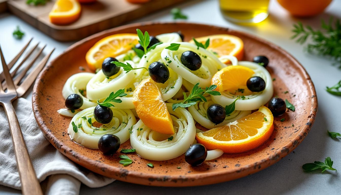 Fenouil cru à l’orange et aux olives / Tarte fine aux tomates anciennes et moutarde / Yaourt glacé au miel savourez un menu frais et gourmand avec du fenouil cru à l’orange et aux olives, une tarte fine aux tomates anciennes et moutarde, suivi d’un yaourt glacé au miel. idéal pour un repas d’été sain et plein de saveurs.