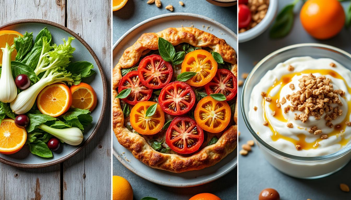 Fenouil cru à l’orange et aux olives / Tarte fine aux tomates anciennes et moutarde / Yaourt glacé au miel découvrez un menu frais et savoureux : fenouil cru à l’orange et aux olives, tarte fine aux tomates anciennes et moutarde, et pour finir, un yaourt glacé au miel. des saveurs estivales originales et gourmandes à partager.