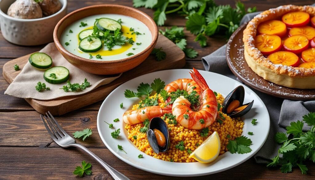 découvrez un menu estival raffiné avec un gaspacho frais de concombre et yaourt, un riz safrané aux fruits de mer savoureux, et une tarte rustique aux nectarines gourmande. idéal pour régaler vos invités !