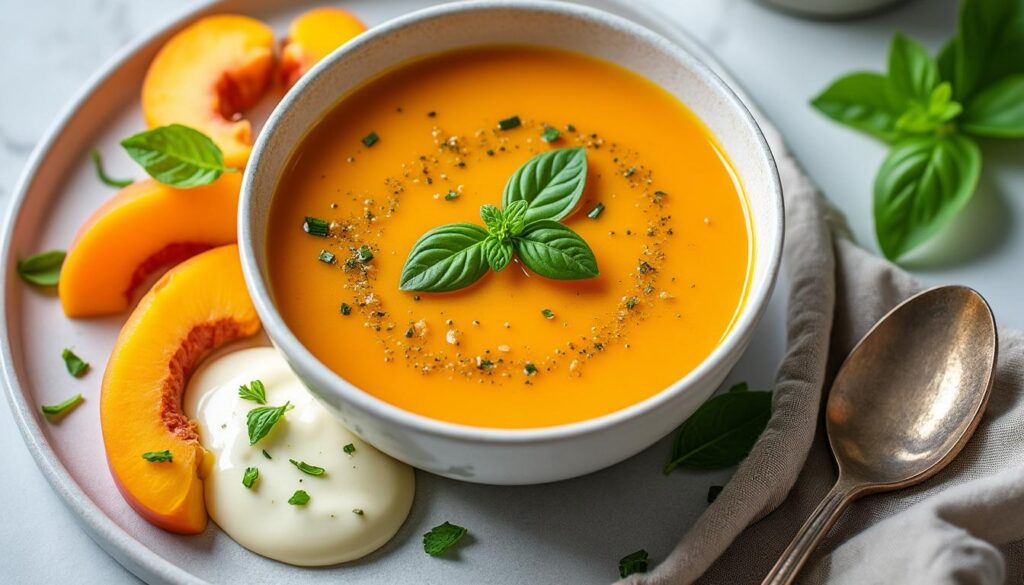 découvrez un menu estival raffiné : gaspacho de tomates jaunes frais, rouget grillé sublimé par une huile d’olive au citron, et savoureuse crème diplomate aux abricots. une expérience gourmande et colorée à savourer.