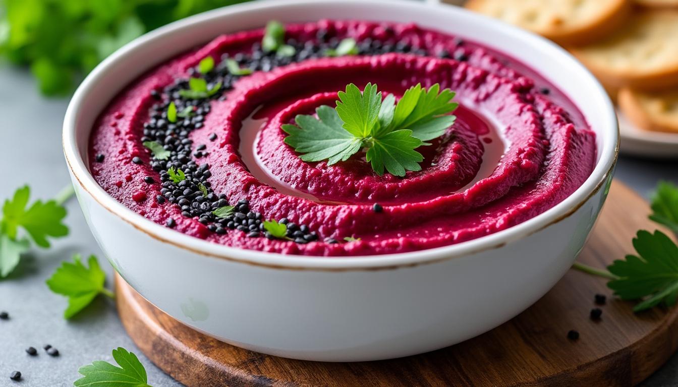 découvrez un menu gourmand et coloré : houmous betterave au sésame, poulet tendre mariné au yaourt, citron et herbes, suivi de fraises fraîches sublimées par un filet de balsamique. fraîcheur et saveurs garanties !