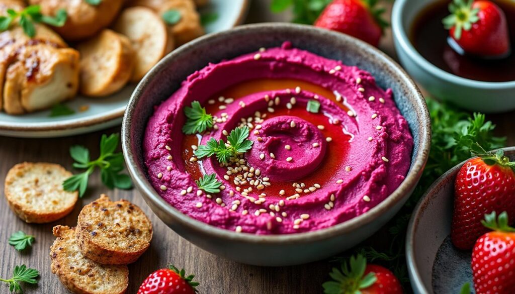 découvrez un menu savoureux : houmous de betterave relevé de sésame, poulet mariné au yaourt, citron et herbes aromatiques, suivi de fraises fraîches au vinaigre balsamique pour une touche sucrée-acidulée.