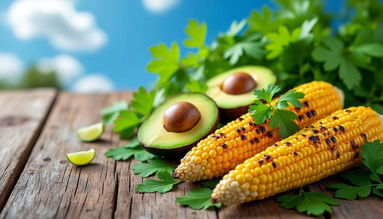 Maïs grillé, avocat et coriandre / Filet de bar grillé, citron confit / Compotée de pêches à la verveine découvrez un menu savoureux : maïs grillé, avocat et coriandre en entrée, filet de bar grillé au citron confit en plat principal, et compotée de pêches à la verveine en dessert. une expérience gourmande et estivale.